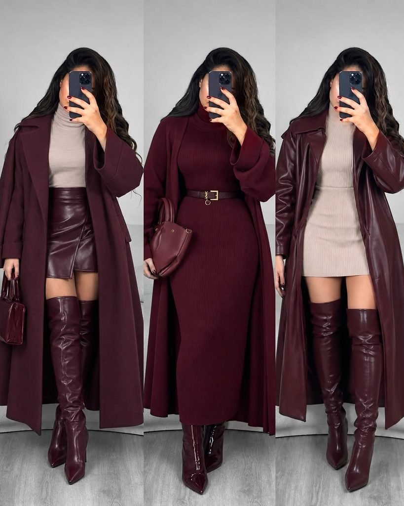 three burgundy winter outfits with long coats knit dresses and knee high boots