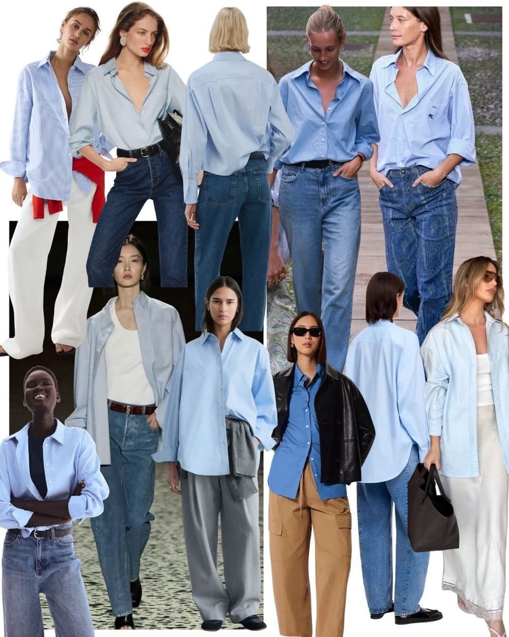 Collage of solid and striped blue shirts worn open over white tanks or buttoned with jeans and white, gray or tan trousers.