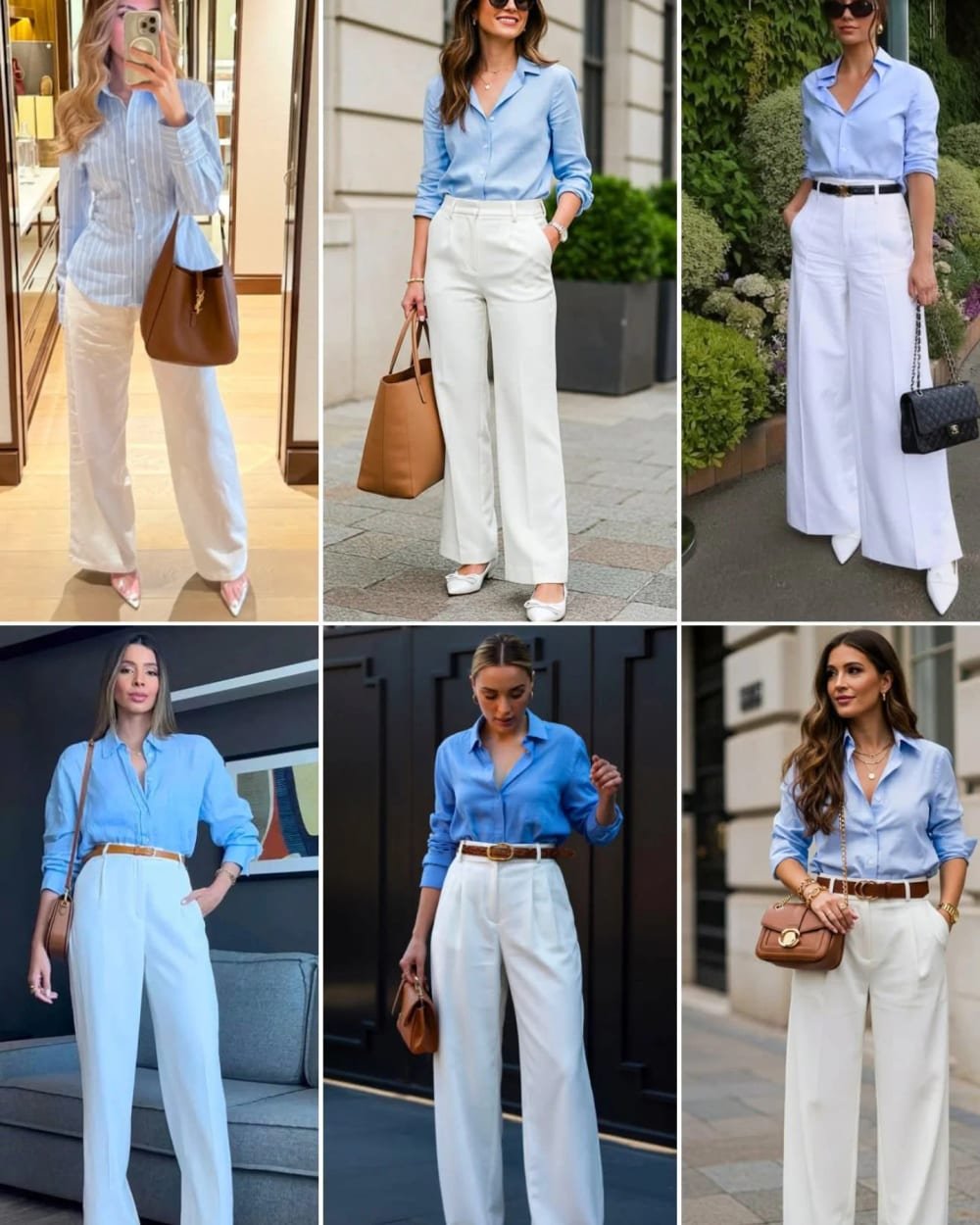 Six outfit examples pairing blue button-down shirts with white or cream wide-leg trousers.