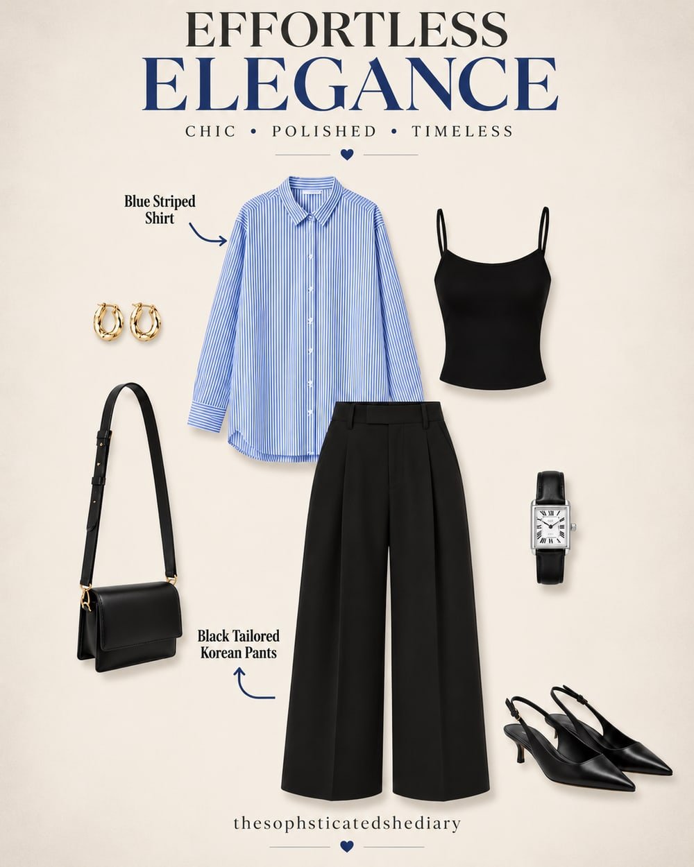 Illustrated outfit board with a blue striped shirt, black camisole, black wide-leg trousers, pointed slingbacks, shoulder bag, watch and gold hoops.