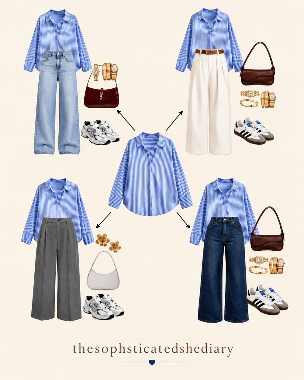 Illustrated outfit board showing a blue striped shirt with light jeans, cream trousers, gray trousers and dark jeans, plus sneakers and bags.