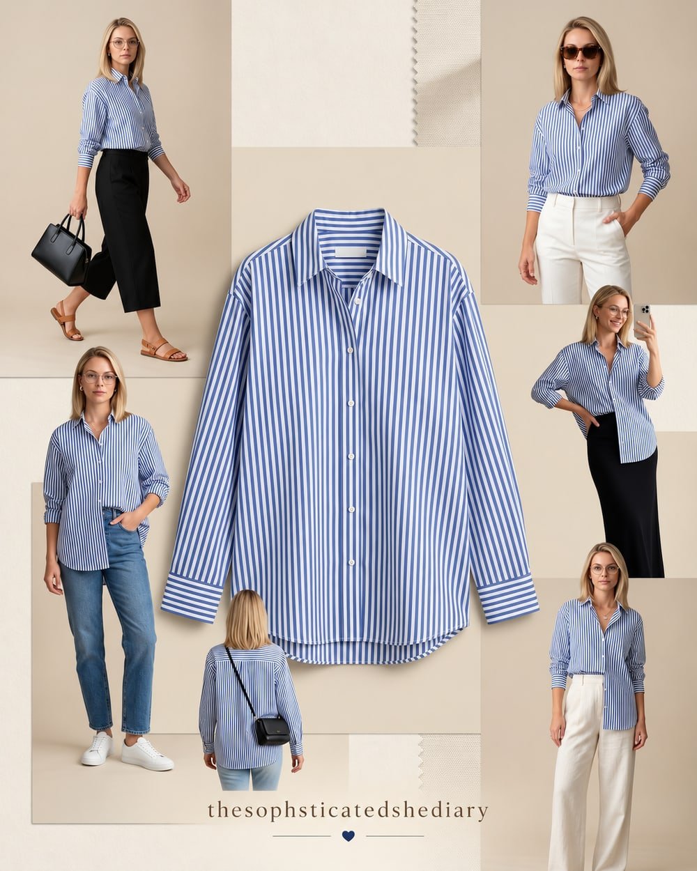 Illustrated collage of a blue striped button-down worn tucked or untucked with jeans and black or cream trousers.