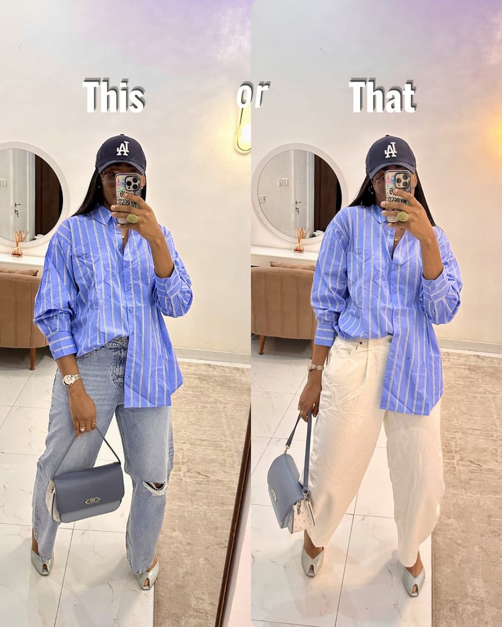 Side-by-side outfits pairing a blue striped shirt with ripped jeans and cream trousers, a navy cap and gray handbag.