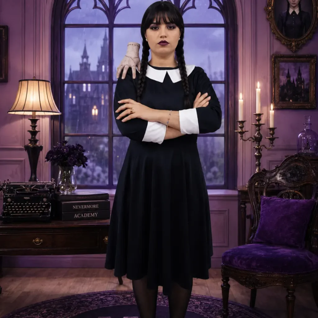 woman dressed as wednesday addams with braids and thing standing on her shoulder