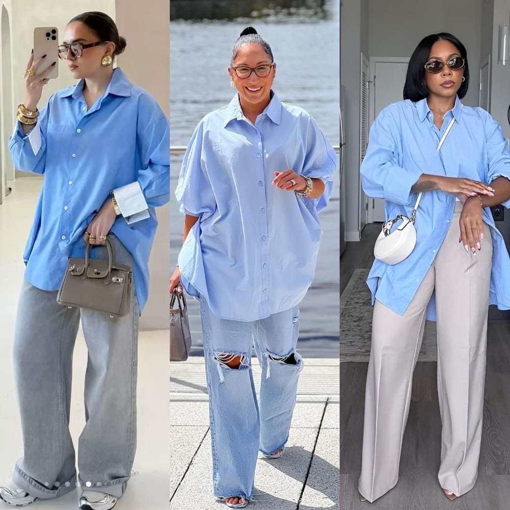 Three outfits pairing oversized blue shirts with loose jeans or beige wide-leg trousers.