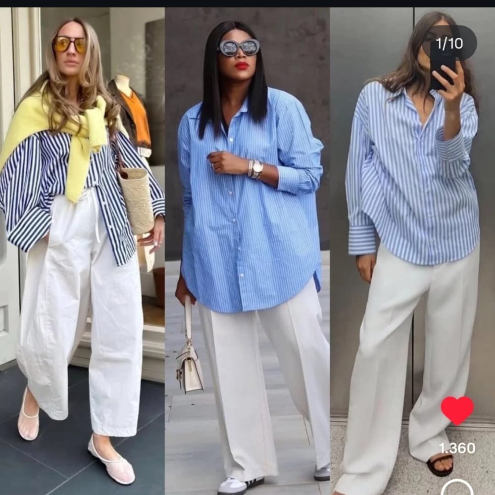 Three outfits pairing blue striped shirts with white wide-leg trousers, including a yellow sweater draped over the shoulders.